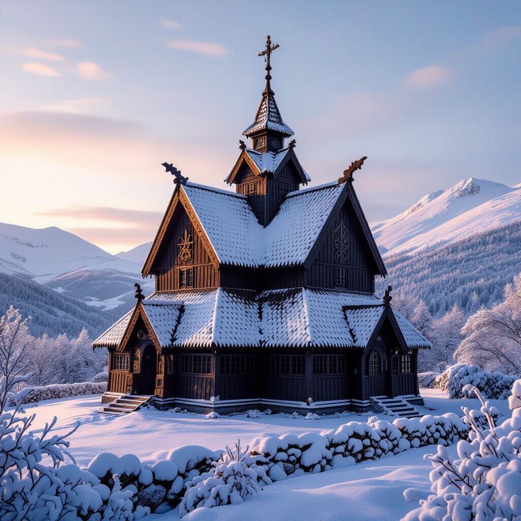 Snowy Heddal Stave Church in Telemark Mountains at Sunrise