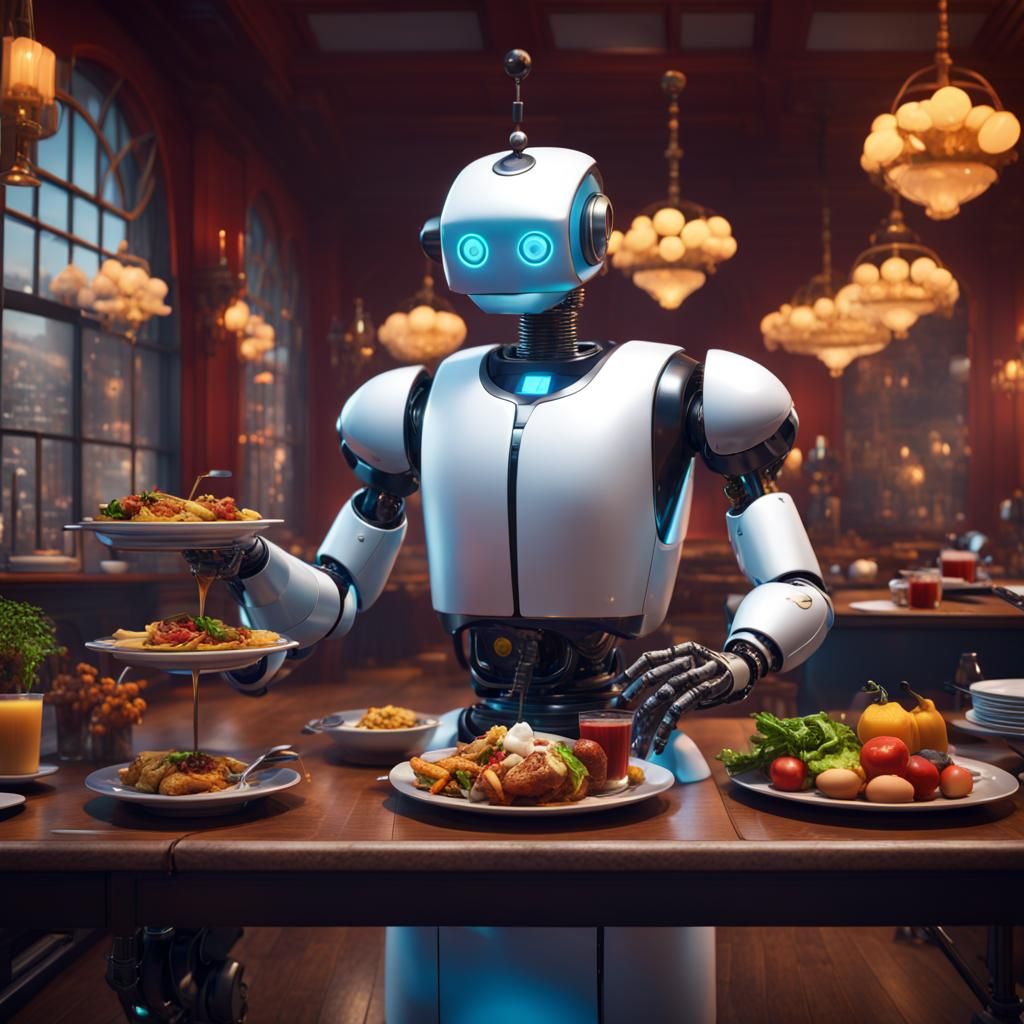 Robot Butler Serving Food: Detailed Matte Painting