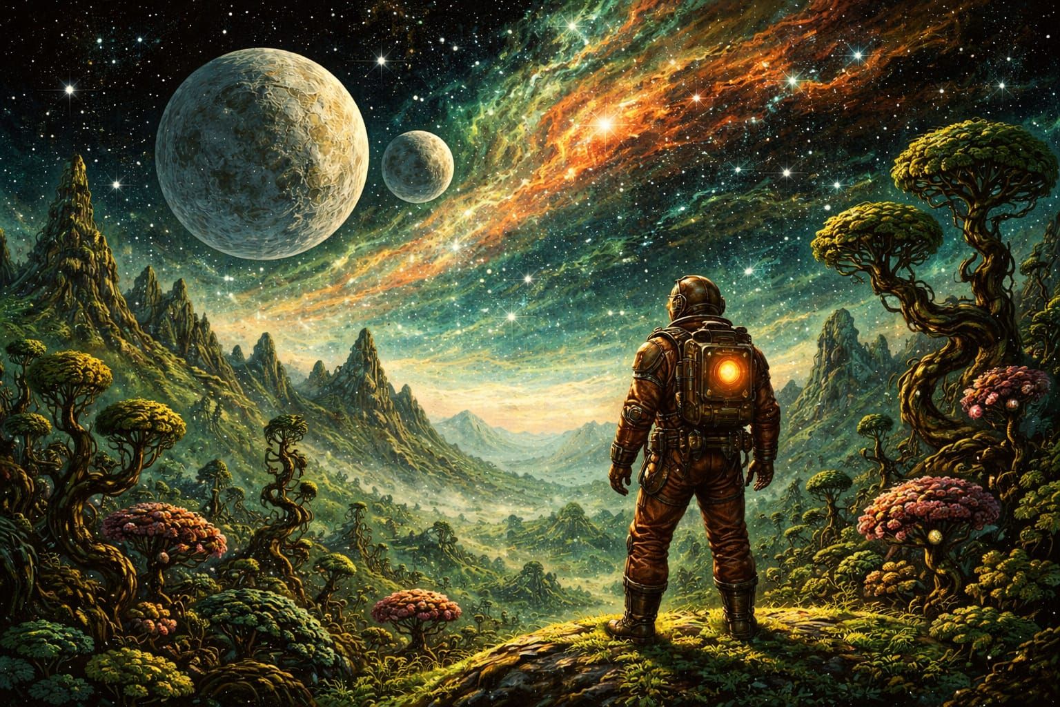 Astronaut on Alien Planet Under Twin Moons