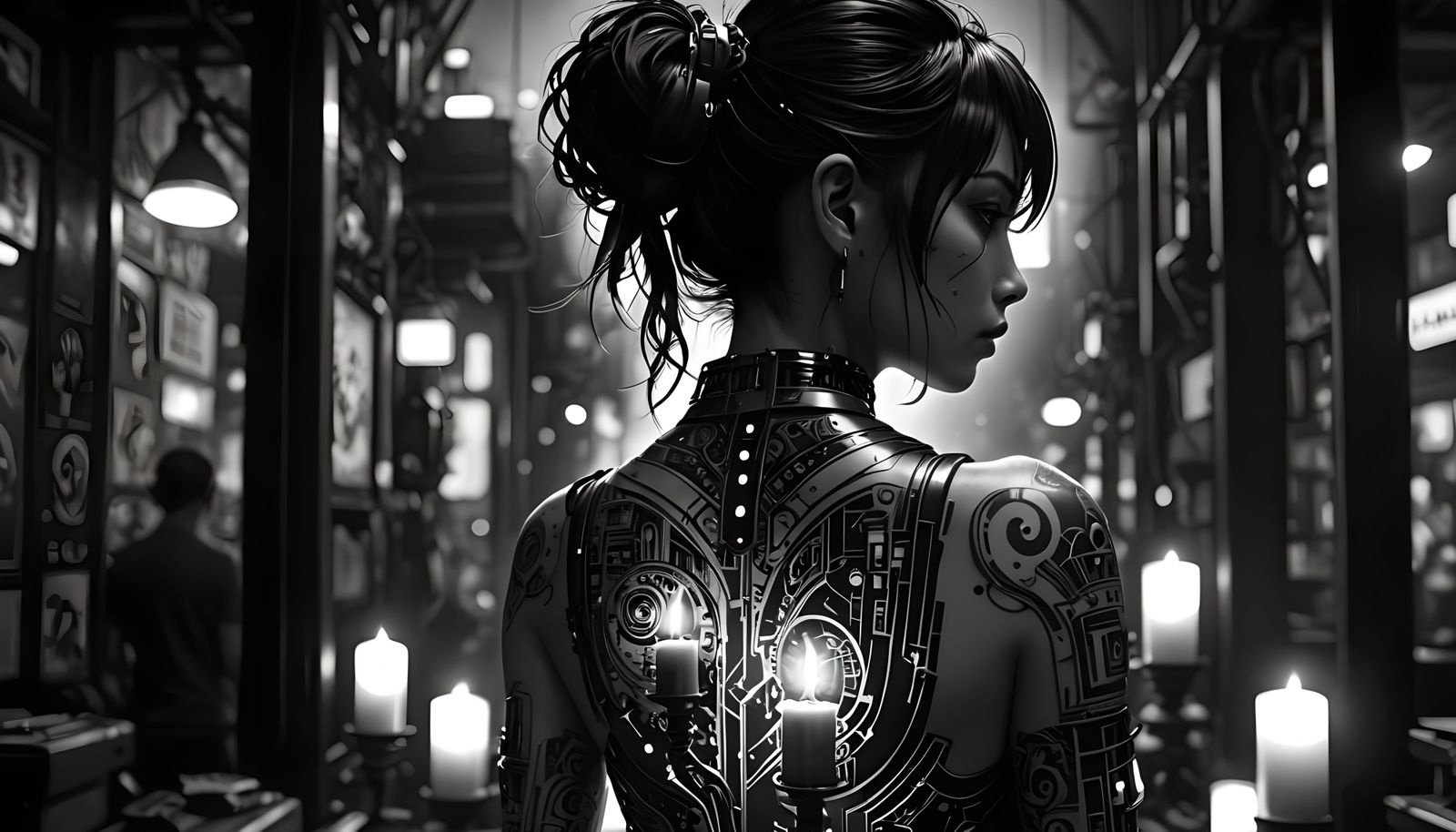 Cyberpunk Woman with Glowing Tattoo in Silhouette