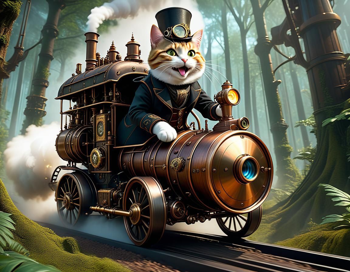 Steampunk Tabby Cat Races a Steam Engine