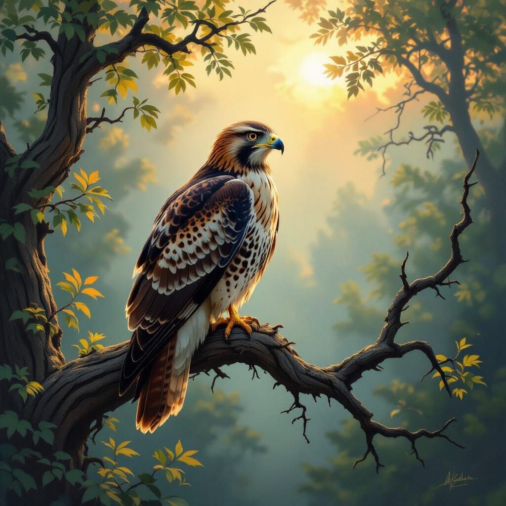 Red-Tailed Hawk in Sun-Drenched Forest: Vintage Wildlife Art