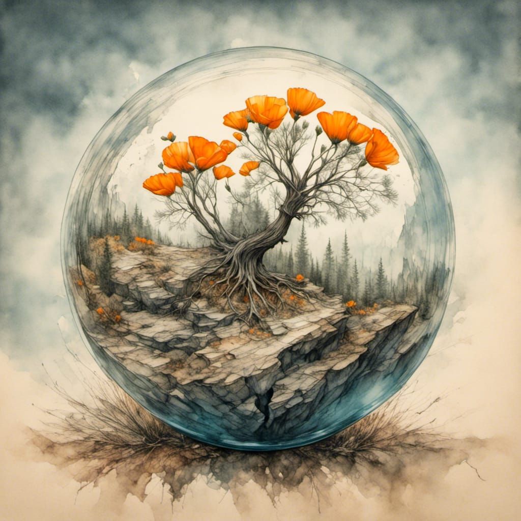 Pinion Pine in Glass Globe: Ink and Pencil Illustration