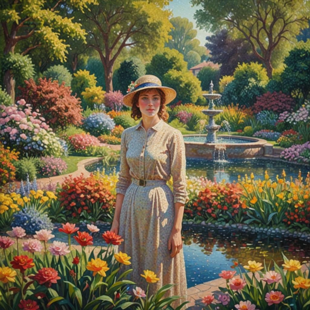 Woman in Garden: Pointillism Oil Painting
