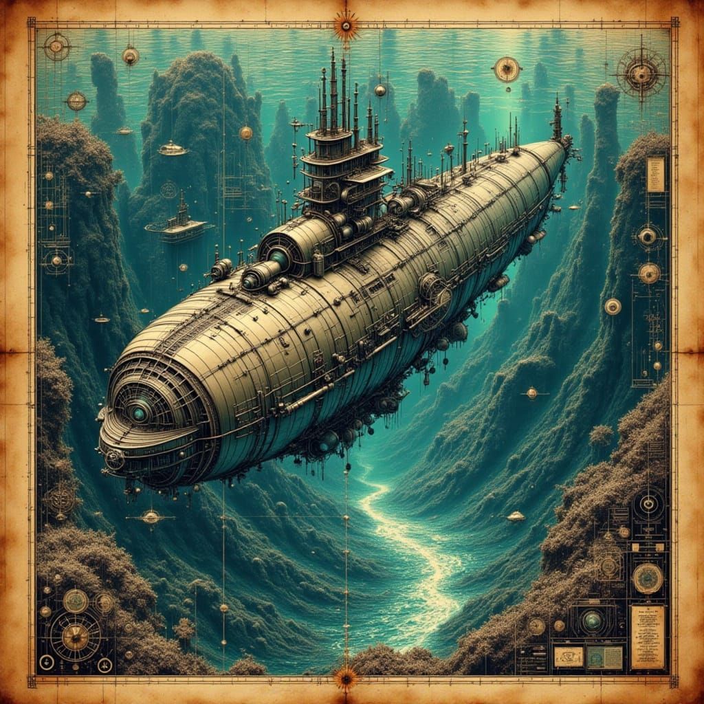 Steampunk Submarine in Bioluminescent Deep-Sea Trench