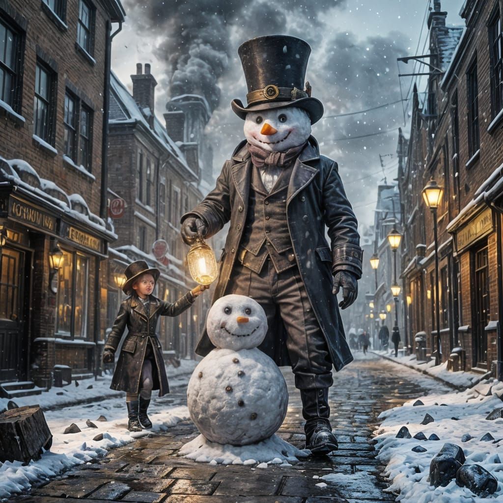 Steampunk Snowman in Victorian London: Digital Art