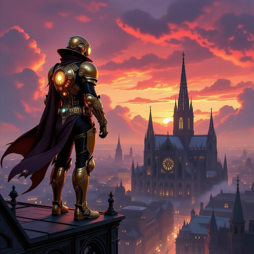 Steampunk Superhero Overlooking Victorian Metropolis