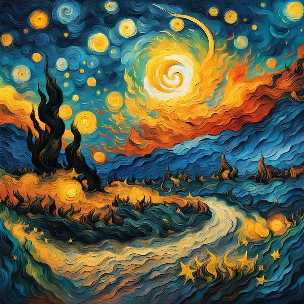 Landscape in Impasto Style Under Swirling Night Sky