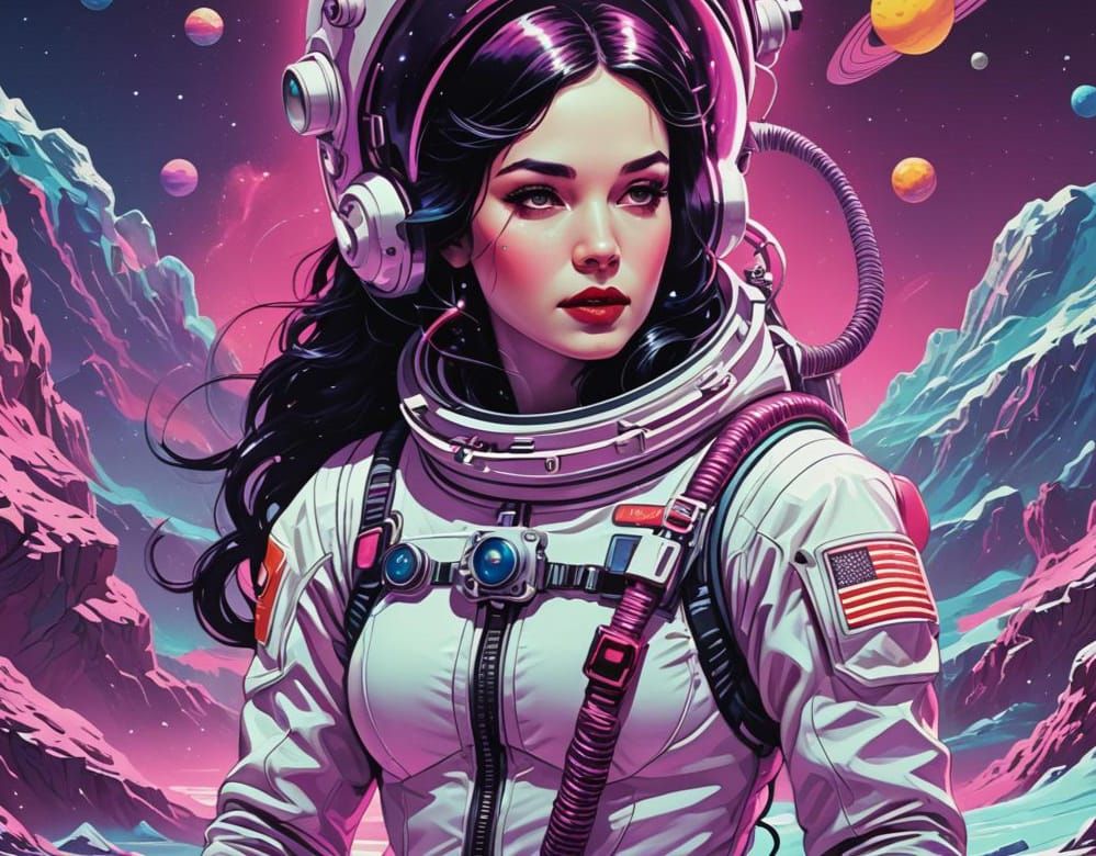 Snow White Mermaid Cosmonaut in Synthwave Style