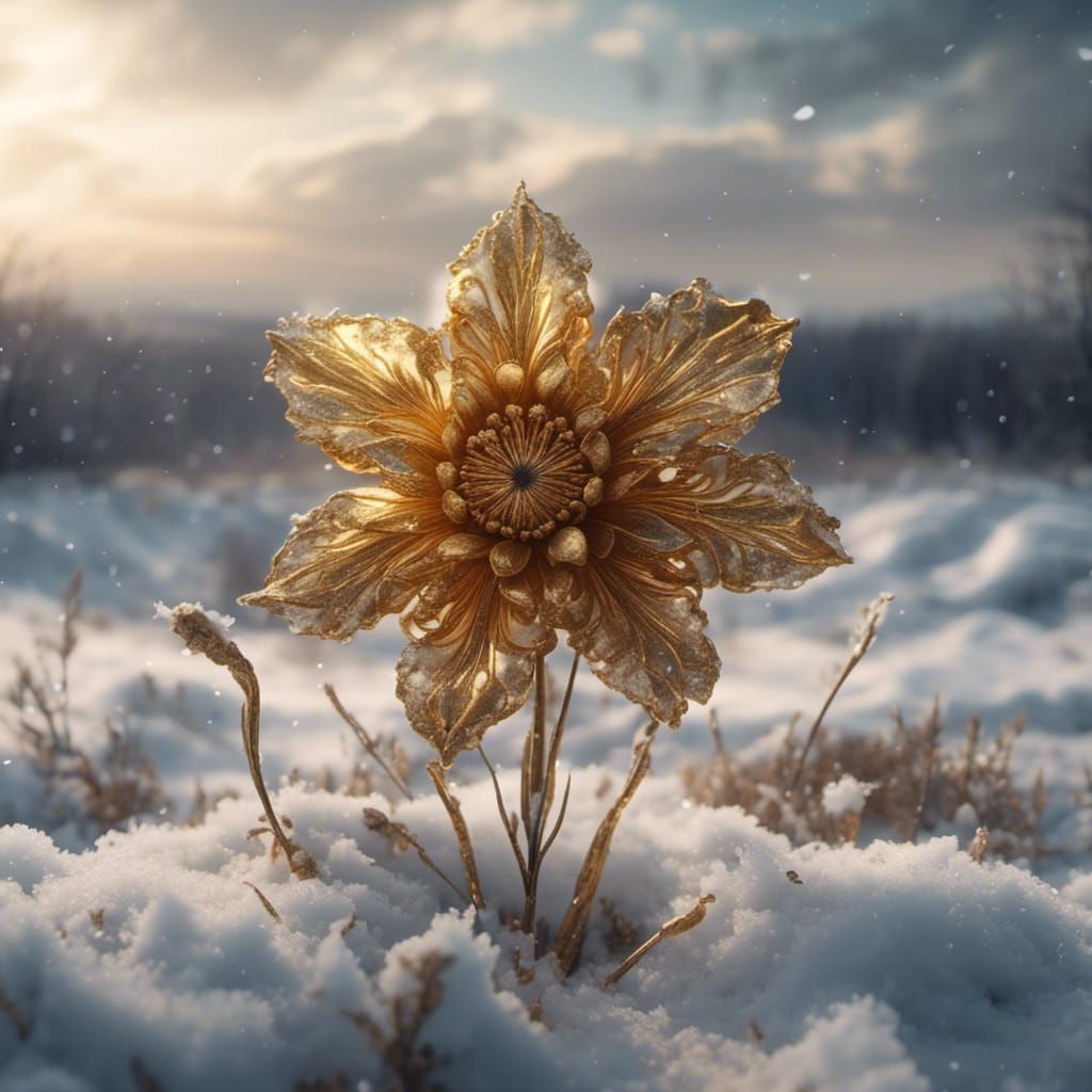 Golden flower in the snow