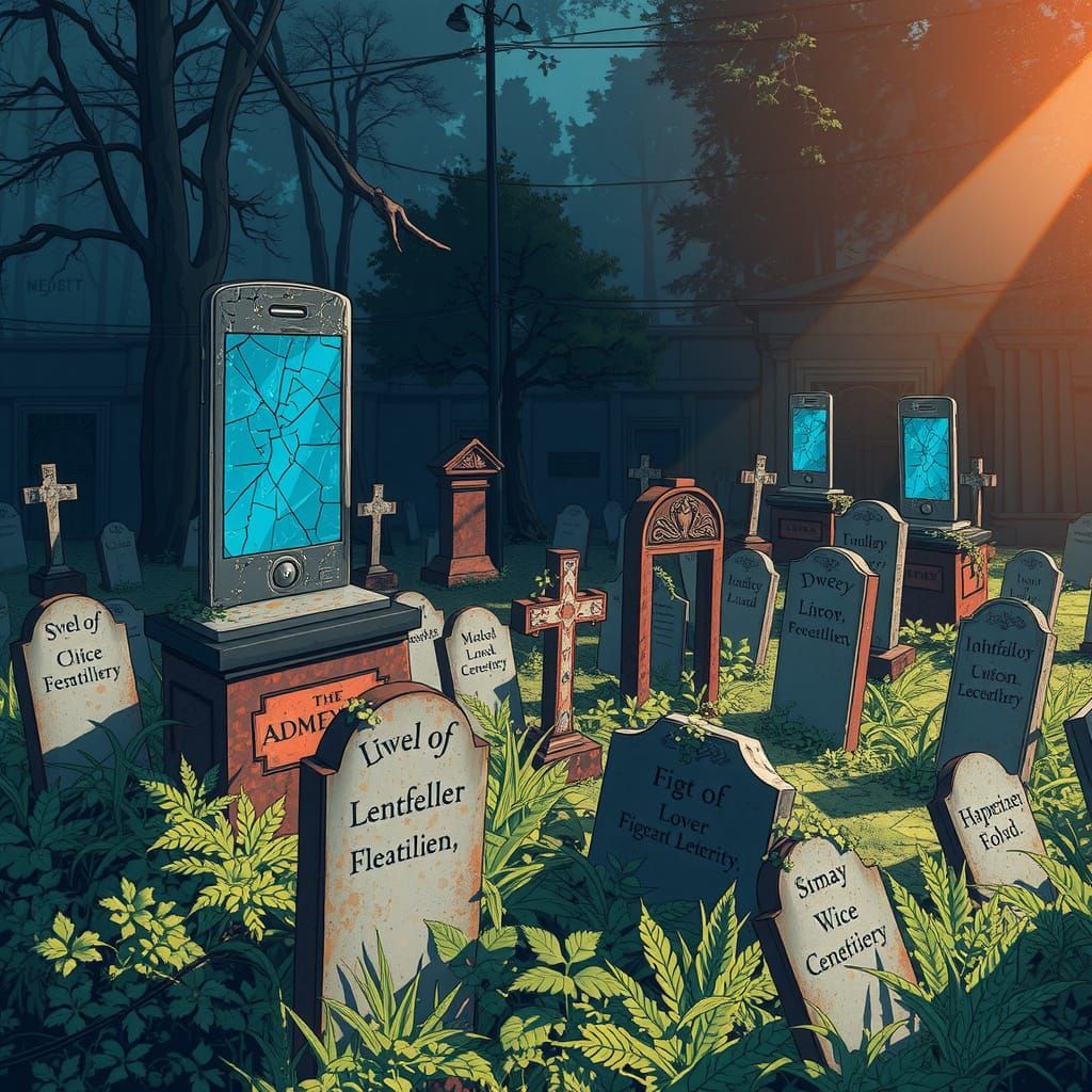 Abandoned Smartphone Cemetery in Vibrant Manga Style