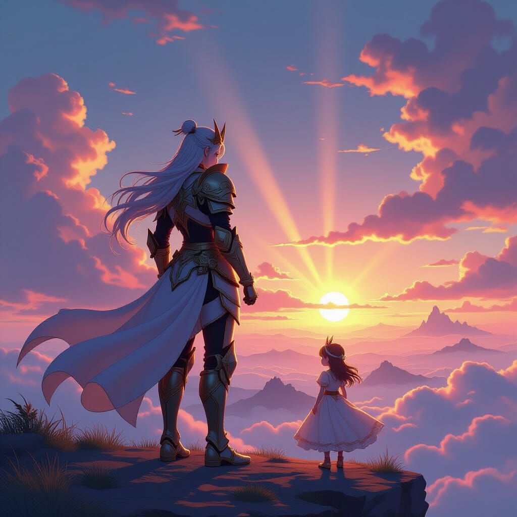 Anime Commander Protects Princess on Cliff at Sunset