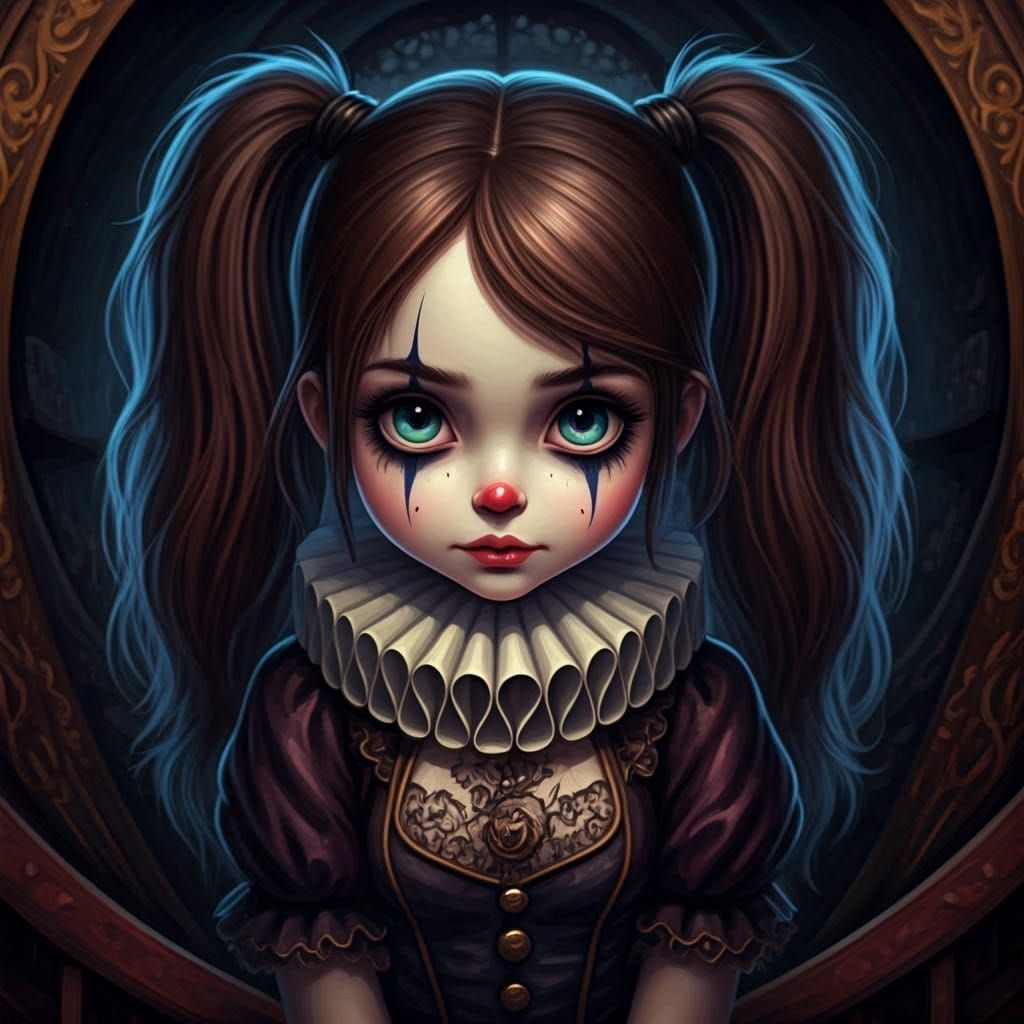 Adorable Harlequin Clown Girl in Disheveled Wagon