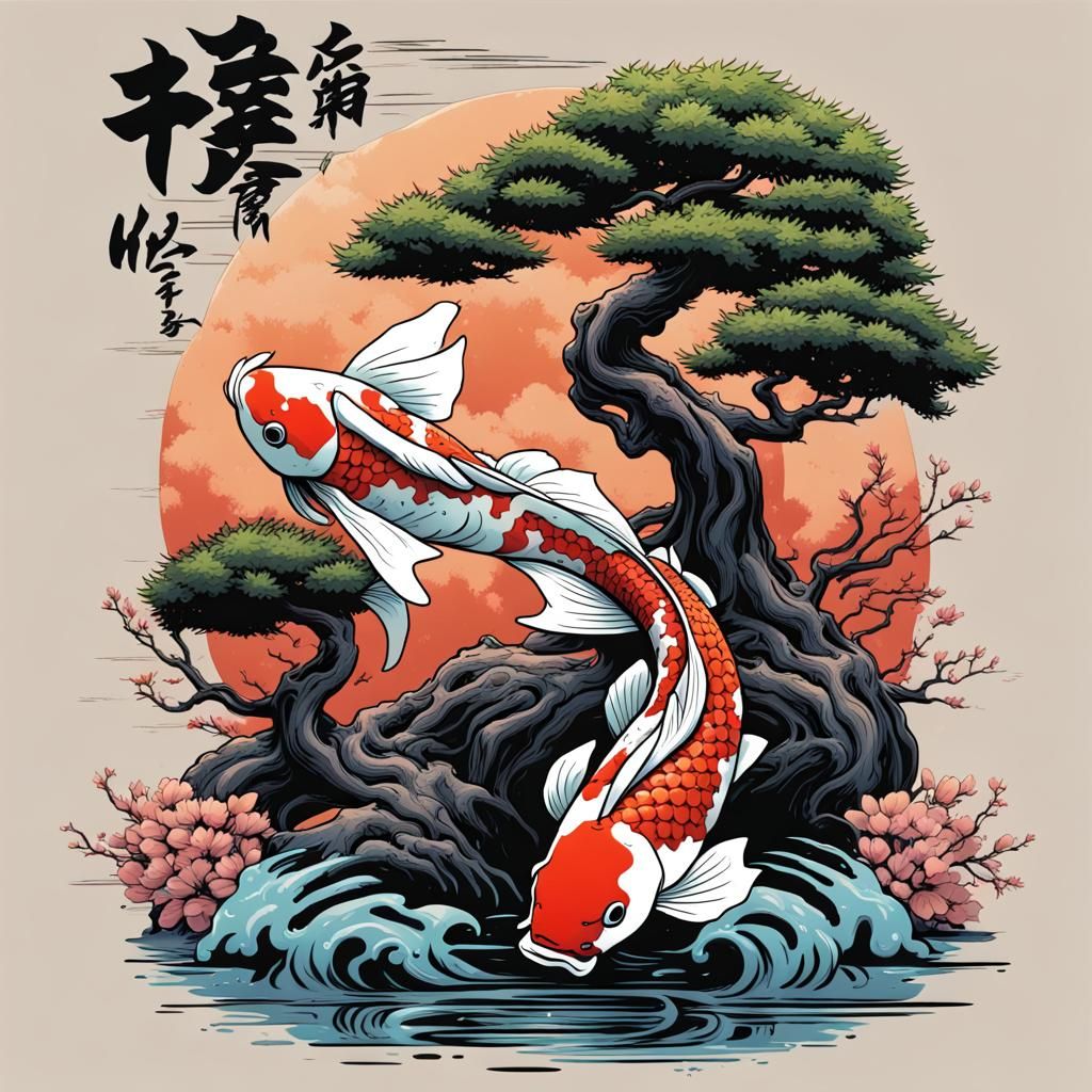 Koi and Bonsai T-Shirt Design in Comic Style