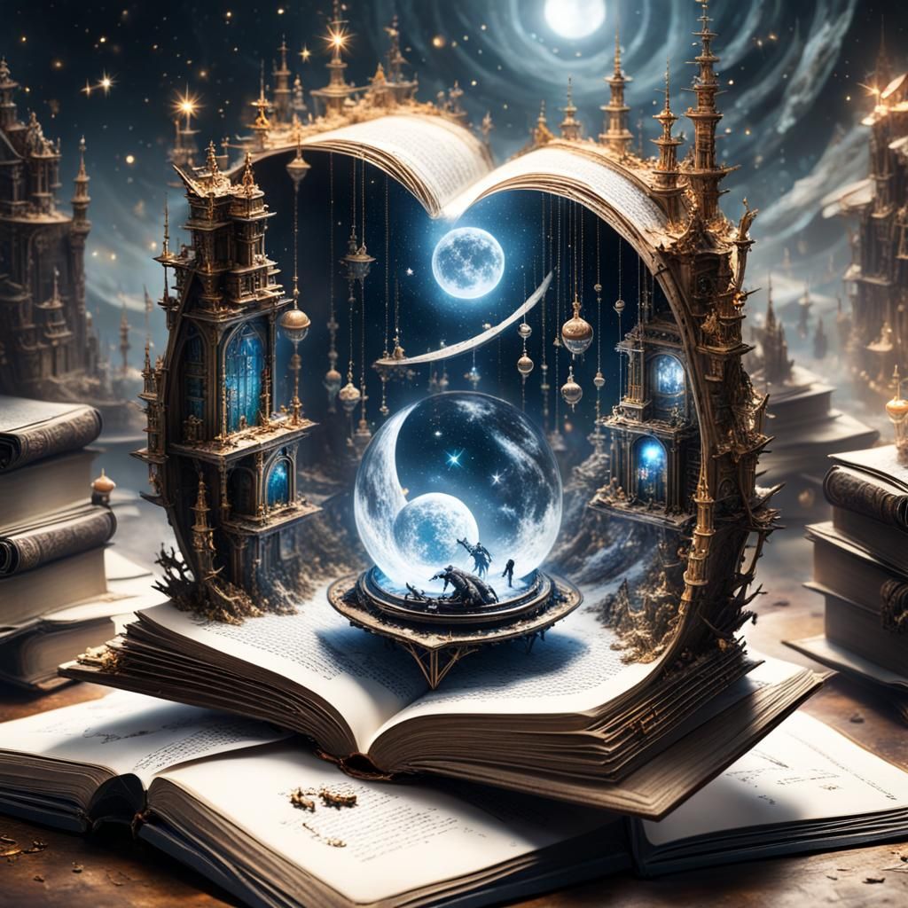 Sci-Fi World Emerges from Book, Digital Illustration