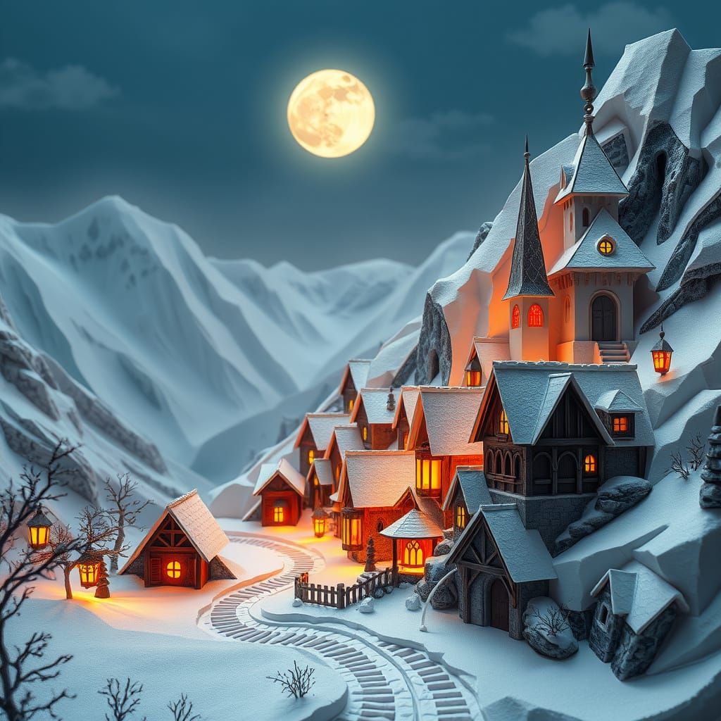 Medieval Snow Village Under Moonlit Origami Skies