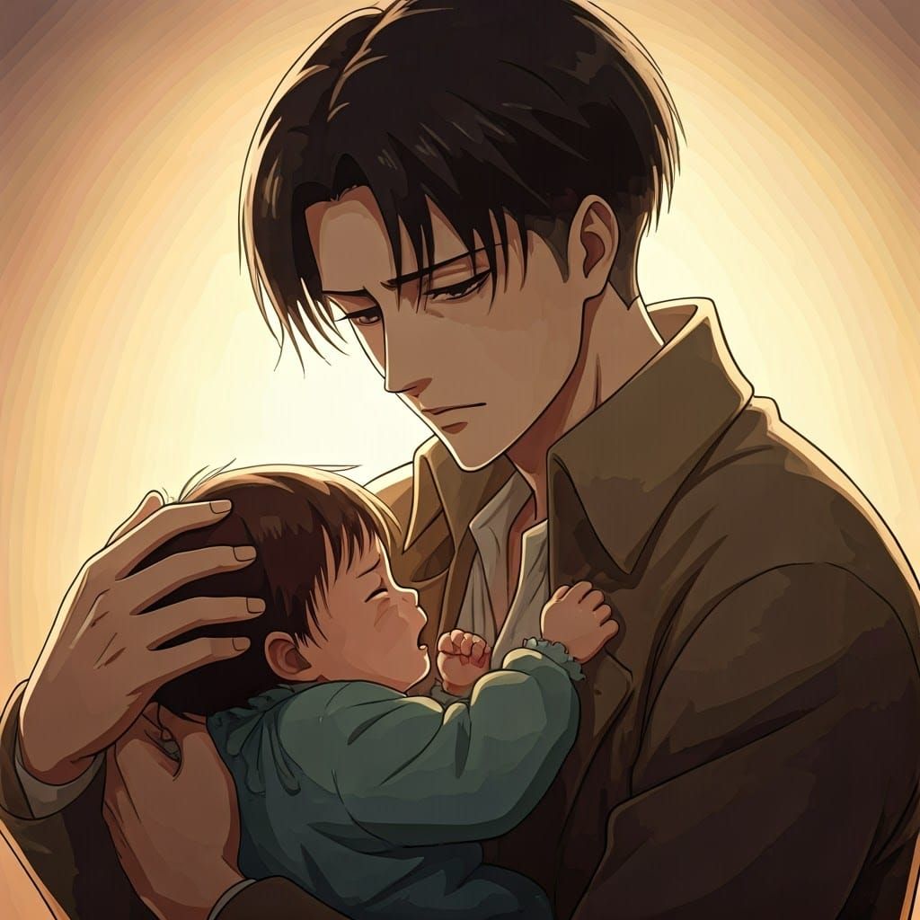 Levi Ackerman Cradling Newborn: Manga Illustration
