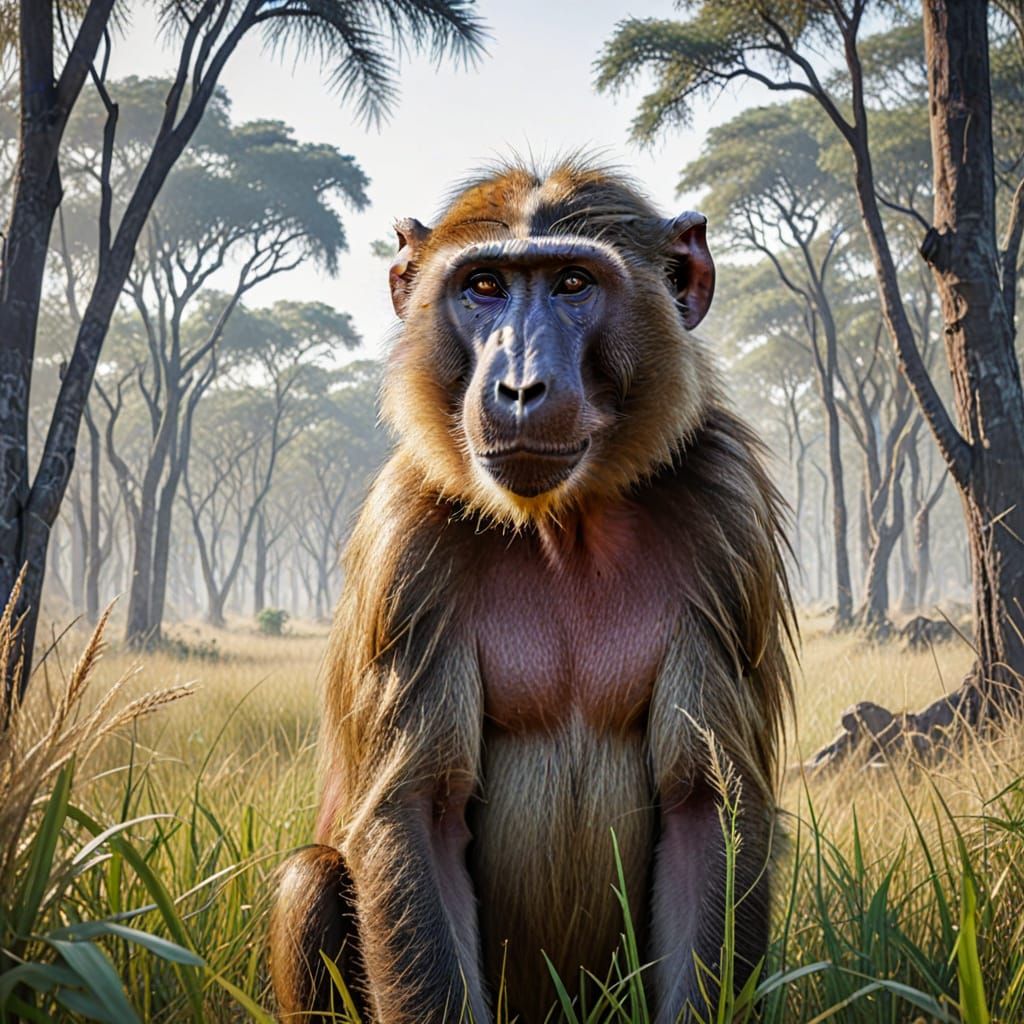 Double exposure portrait painting of a Baboon with the savan...