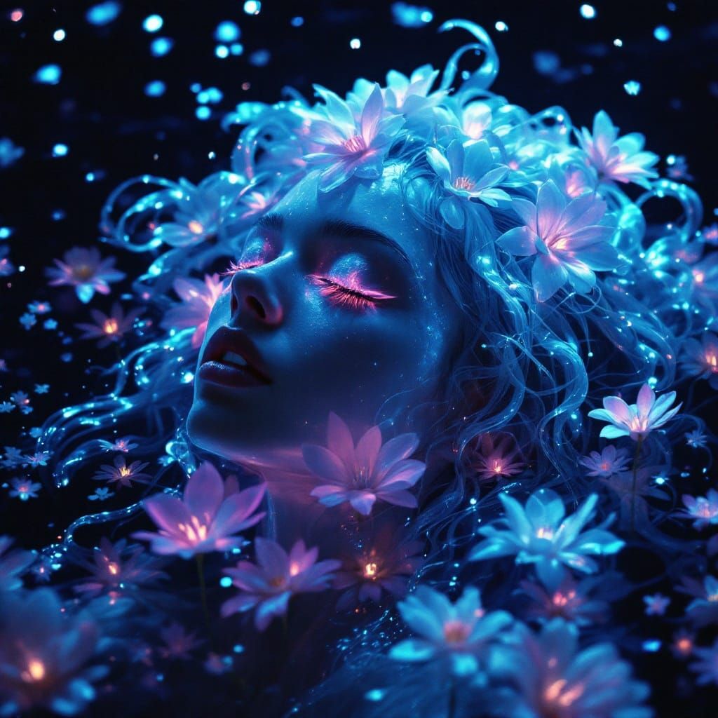 Ethereal Opal Goddess in a Voluminous Nighttime Lake