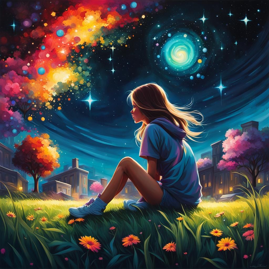 Girl Admiring Starry Sky in Graffiti Art Style