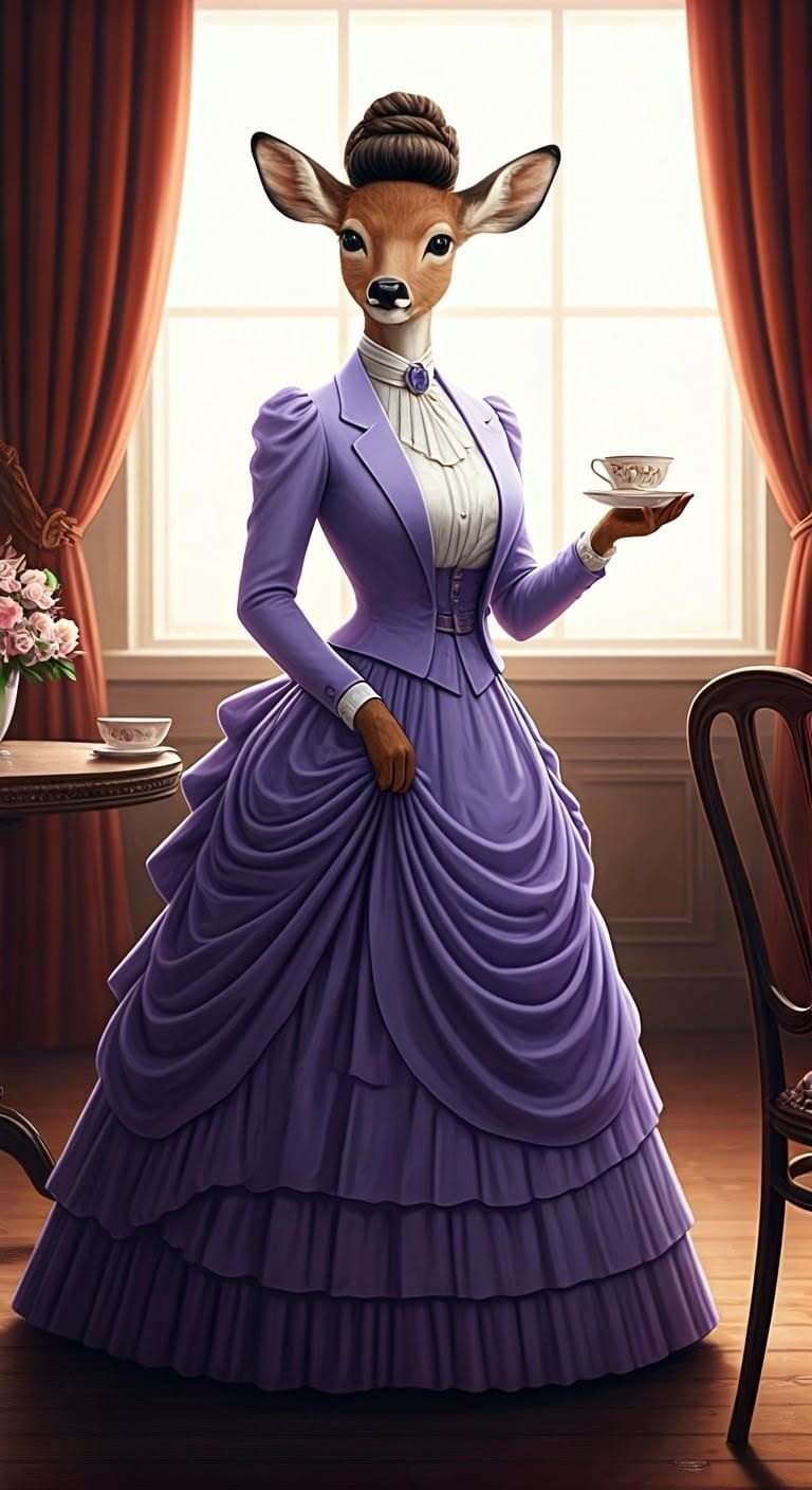 Victorian Anthropomorphic Deer in Tea Room