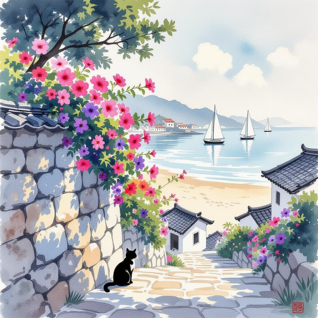 Seaside Village with Flowers and Cat in Watercolor Ink Style