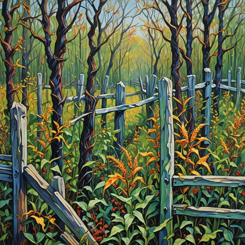 Neo-Impressionist Sassafras Fence Painting in Expressionist ...