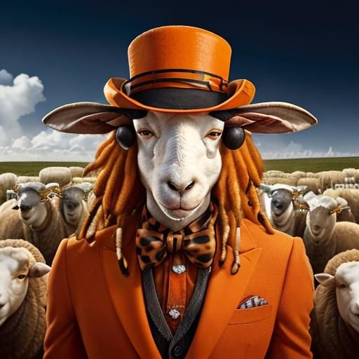 Photorealistic Sheep with Orange Dreadlocks and Suit