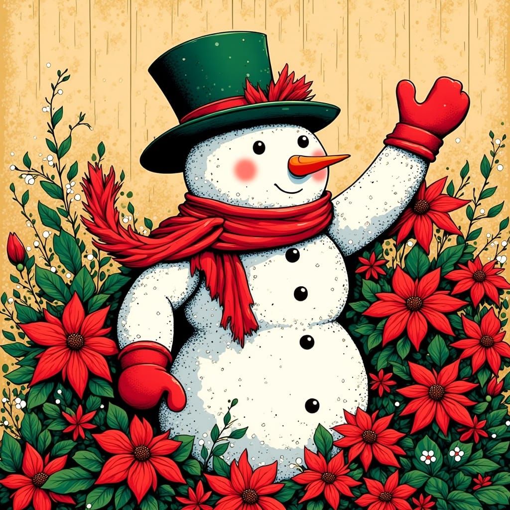Neo-Expressionist Snowman in Christmas Florals