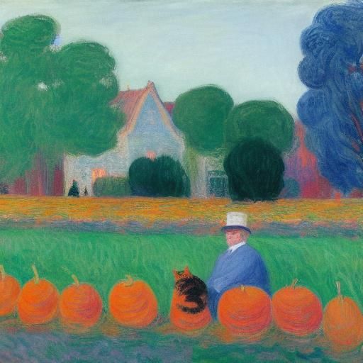 Black Cat in Pumpkin Patch Watching Rainbow