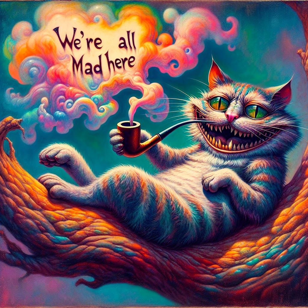 Surreal Cheshire Cat Smoking a Pipe, Polychromatic Art