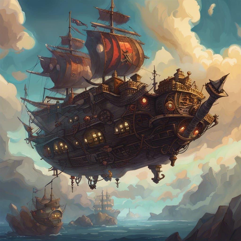 Pirate Airship in Sky: 2D Game Art Style