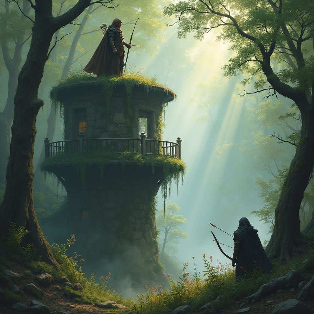 Dark Fantasy Watchtower Archer in Mysterious Forest