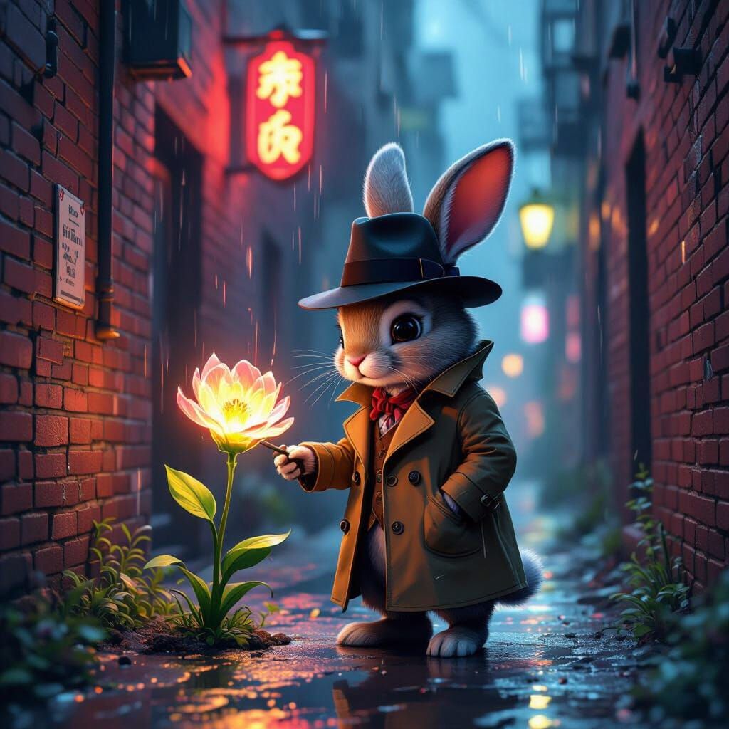 Rabbit Detective Investigates Glowing Flower in Noir City