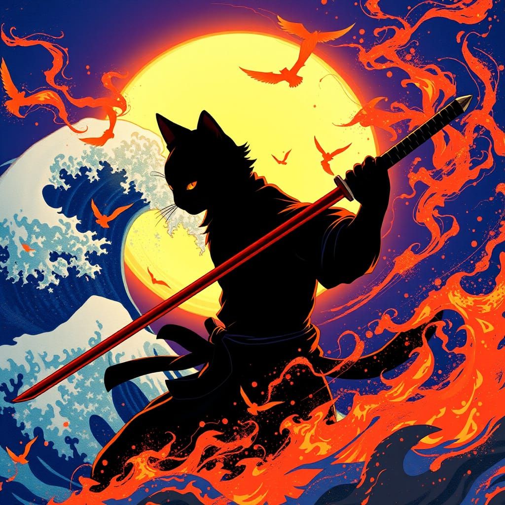 Ninja Cat Silhouette Ignites in Vibrant, Deep Blue Japanese-...