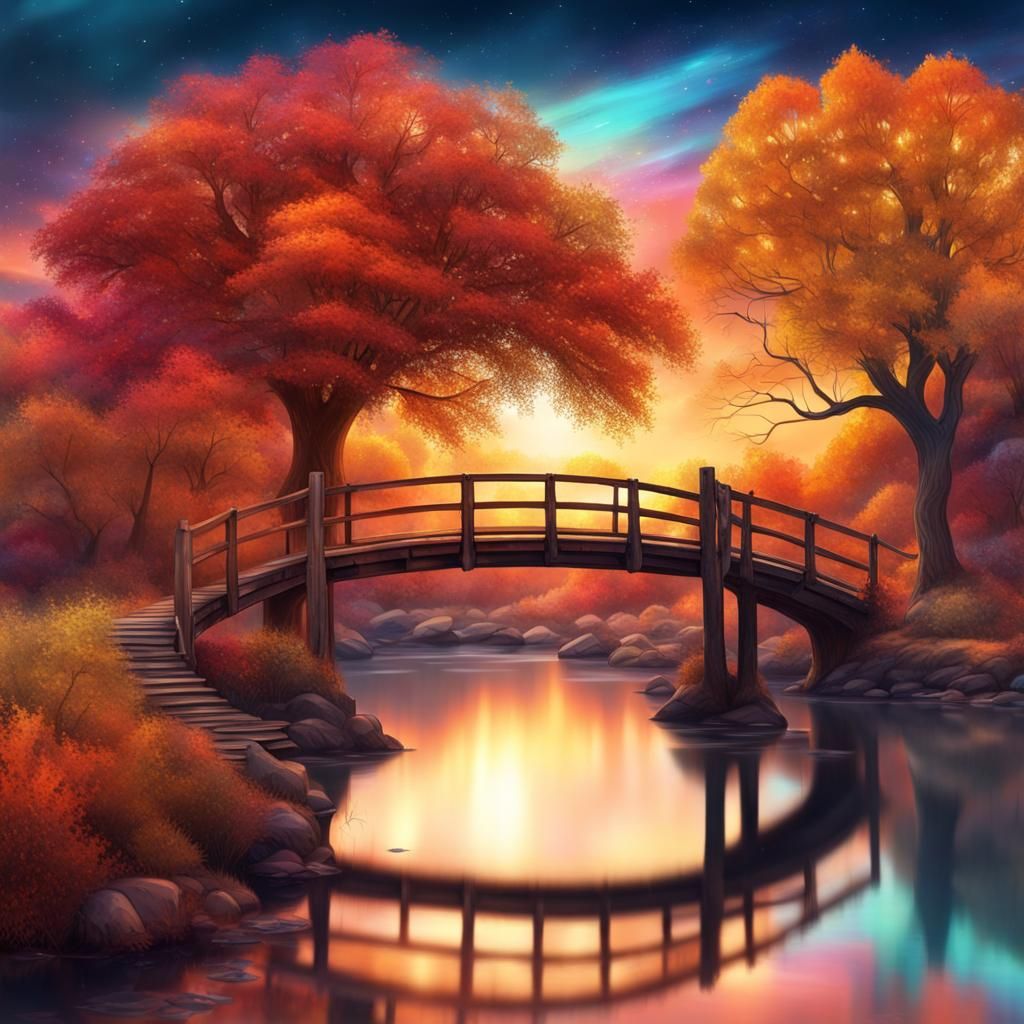 Autumn River Sunset in Cosmic Illustration Style