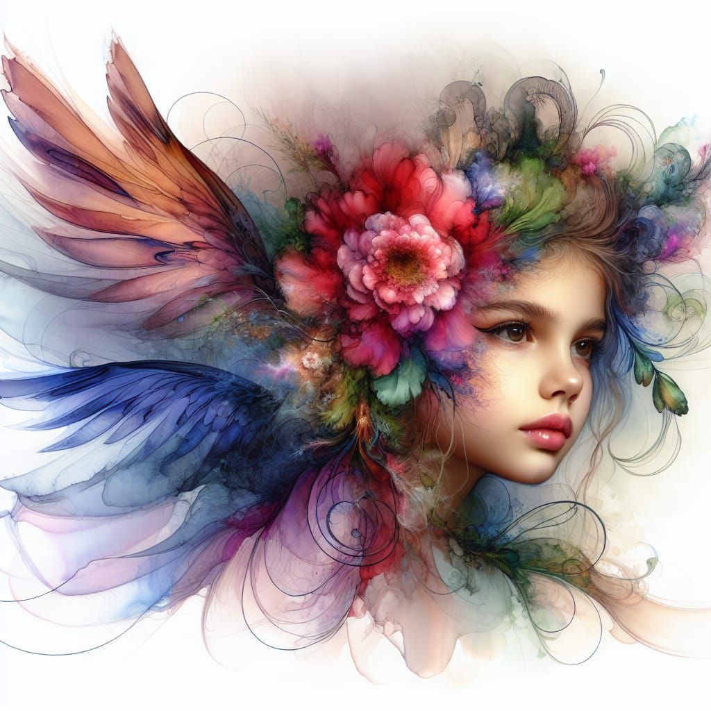 Vibrant Wildflower Girl with Wings in Watercolor Style