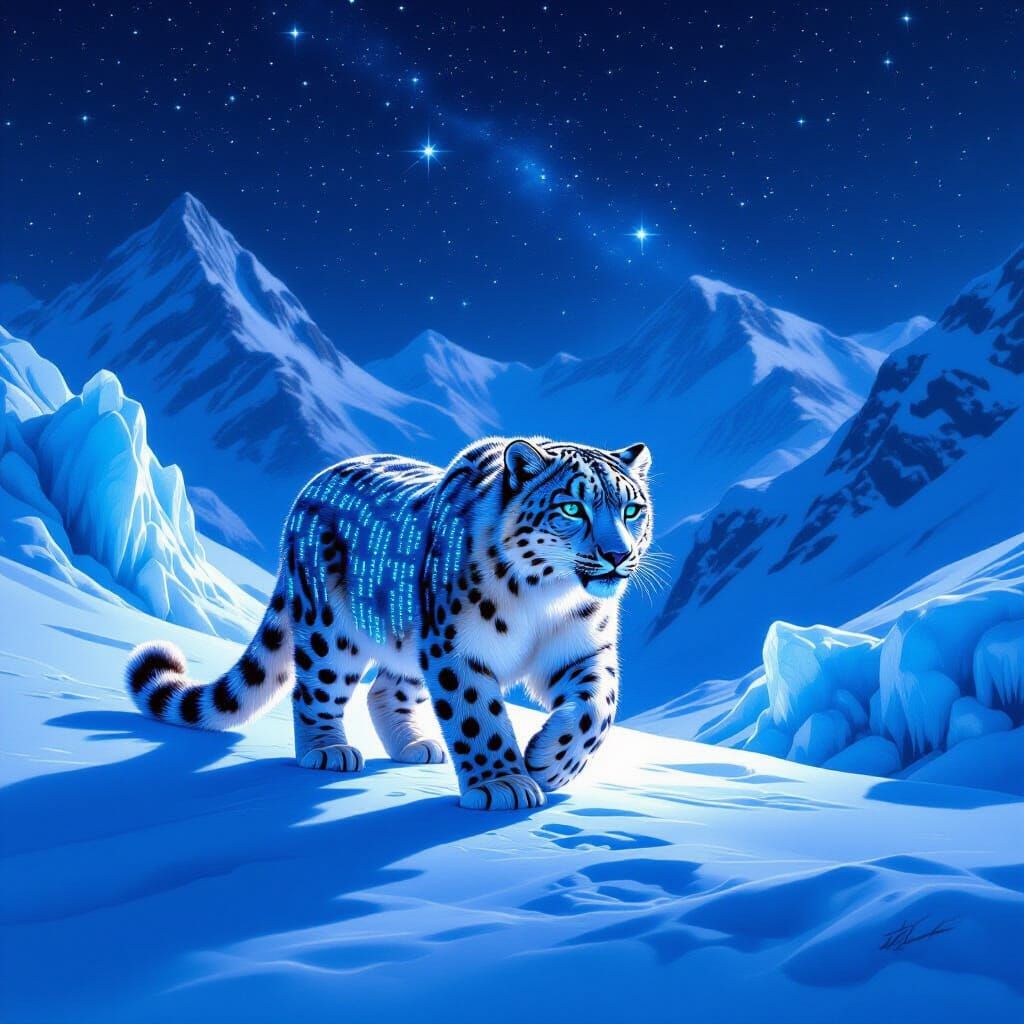 Snow Leopard of Binary Code in Starry Mountain Pass