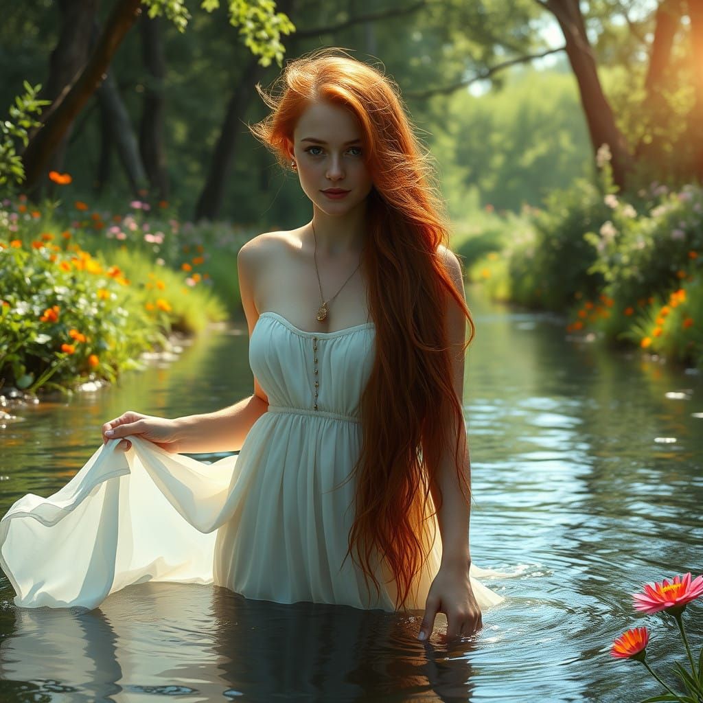 Serene Water Goddess in Pre-Raphaelite Style
