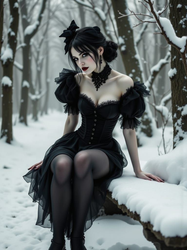 Goth Snow White in Snowy Forest, High Fashion Portrait