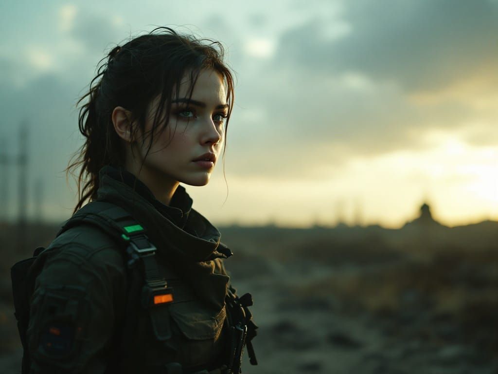 Tactical Woman in War Landscape: Cinematic Film Still
