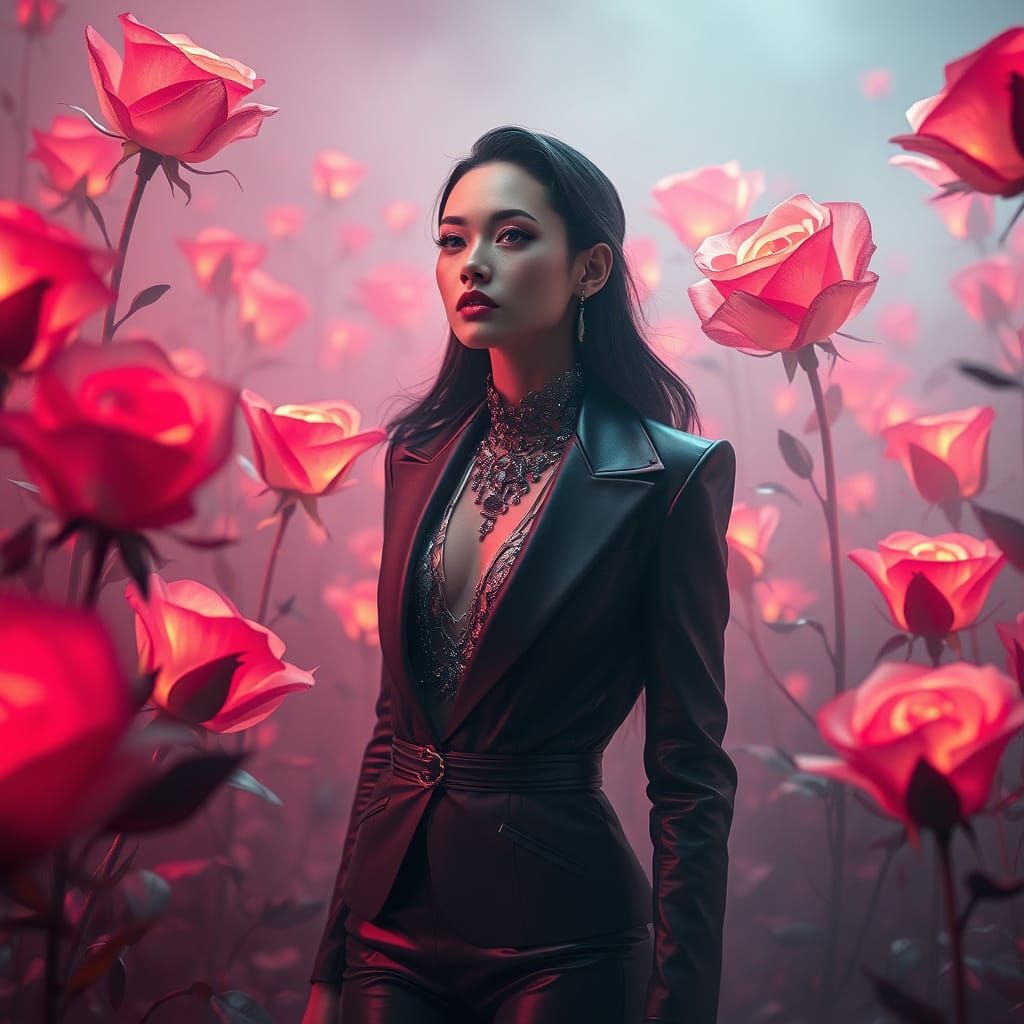 Sophisticated Woman in Glowing Abstract Roses, Photorealisti...
