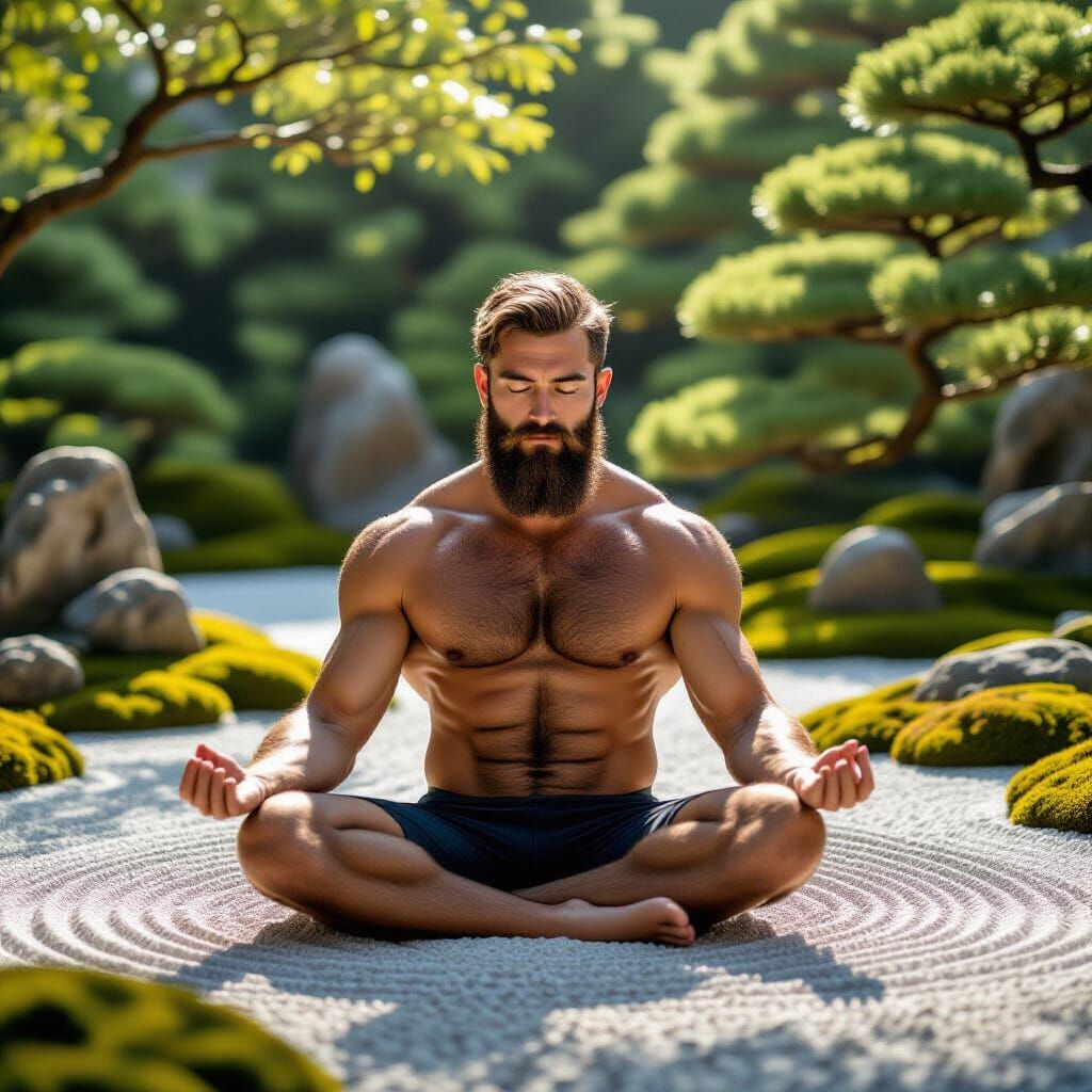 Meditating Man in Zen Garden, Photorealistic Style