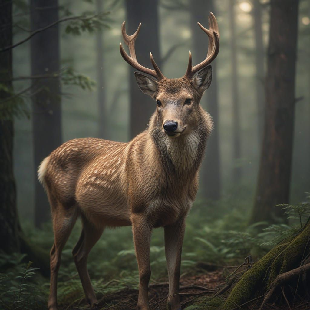 Majestic Deer-Wolf Hybrid in Misty Forest