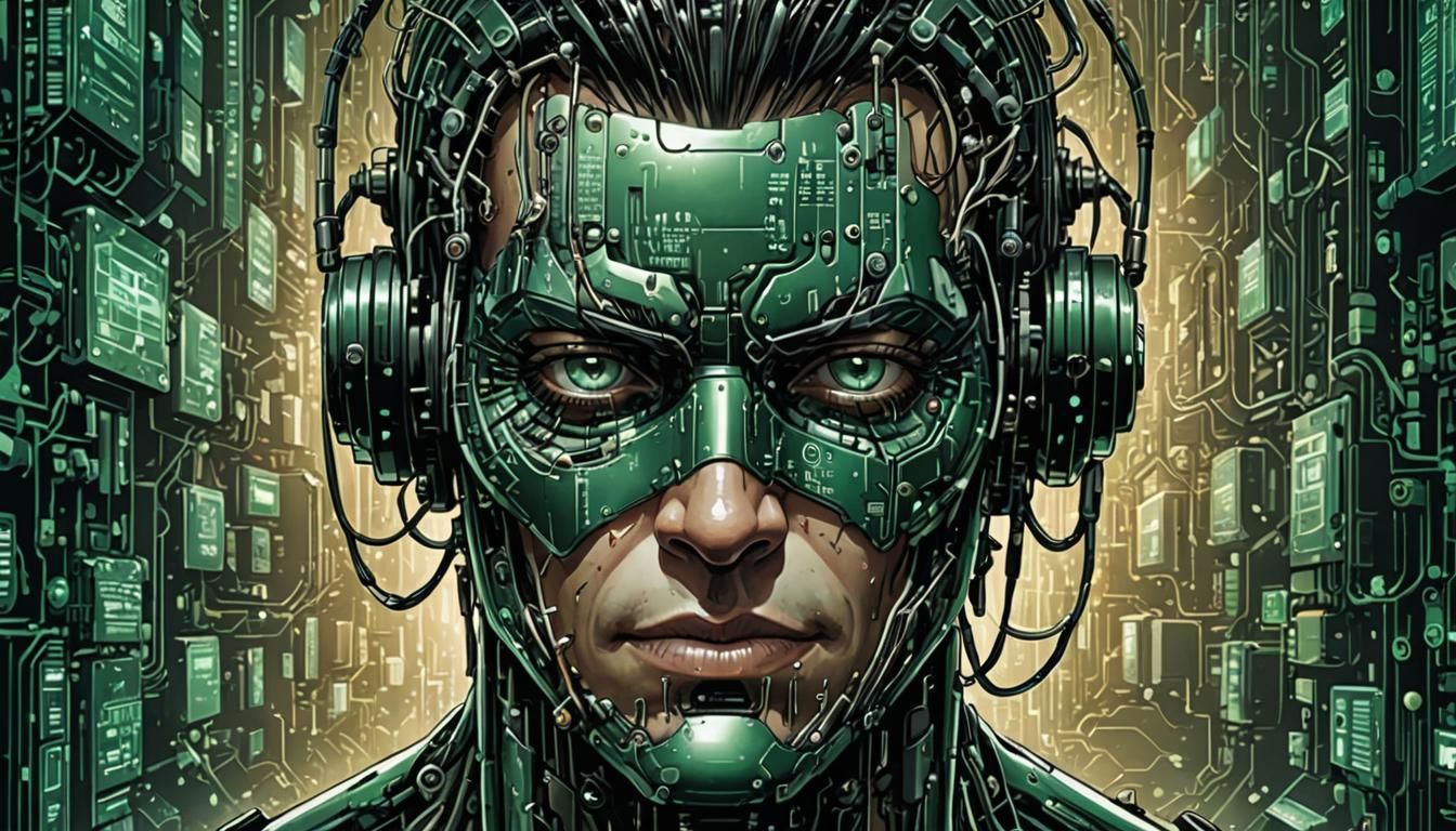 Cyborg Head Emerges from Matrix Code: Digital Comic Art