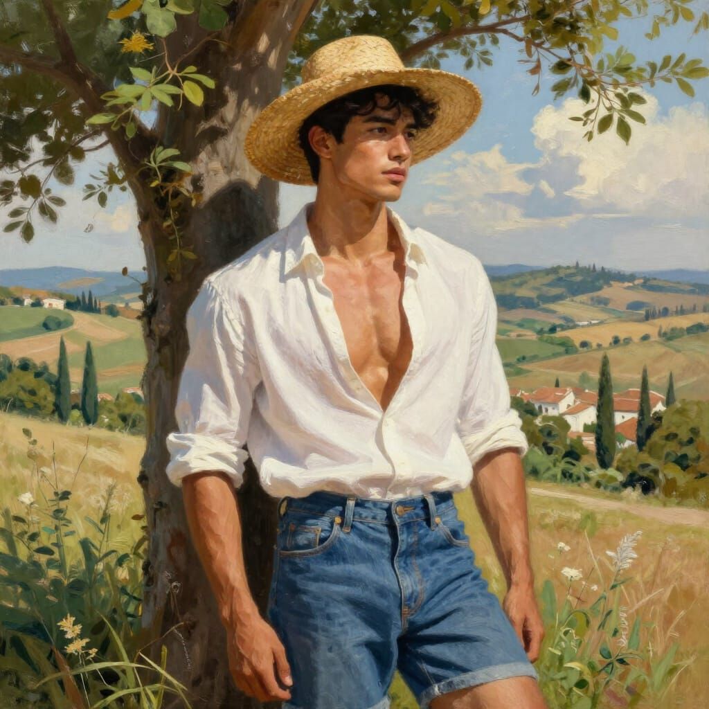 Muscled Gay Man in Countryside Oil Painting