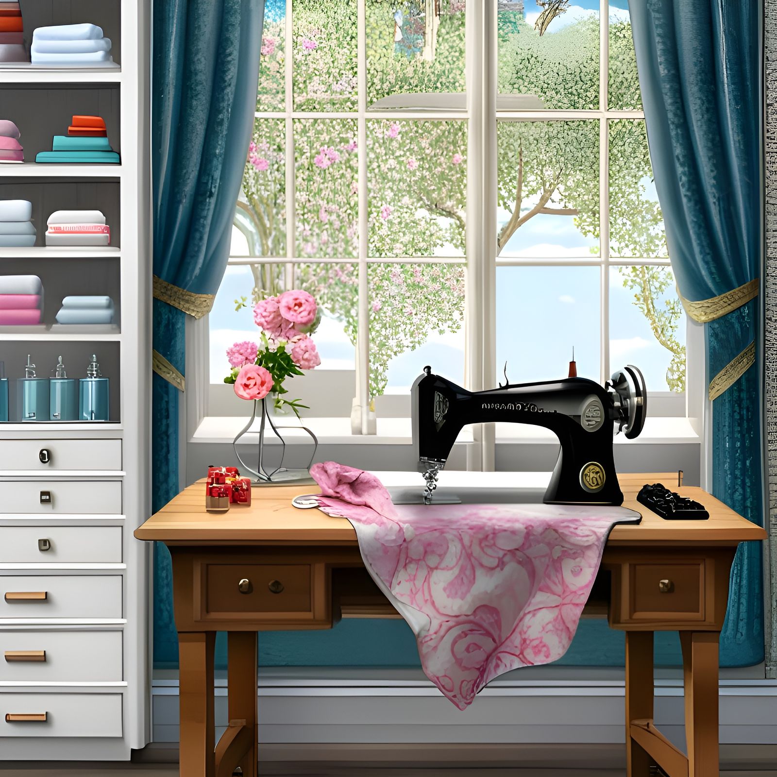 Opulent Sewing Room with Garden View: Digital Art