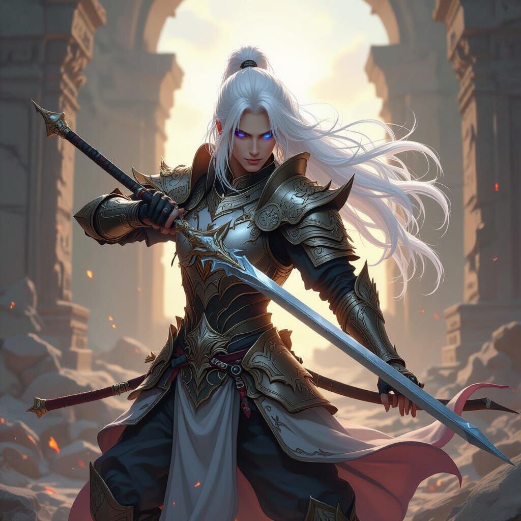 Mithra Dragoon Wields Naginata in Ruined Temple