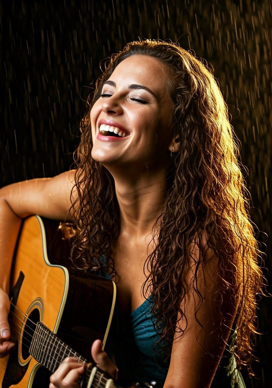 Joyful Woman Sings in Rainy Night Scene