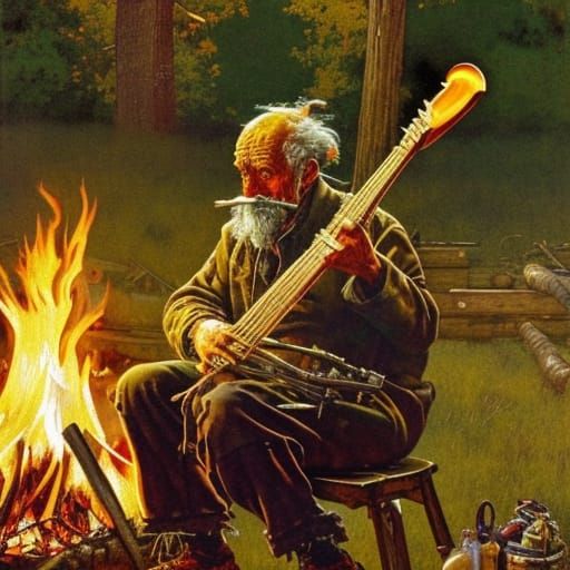 Eerie Hobo's Campfire Banjo in Rockwell Style